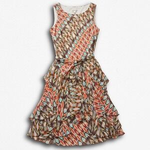 Robbie Bee Vintage Y2K Geometric Ruffle Tiered Midi Dress Size 4 Multicolor Ikat